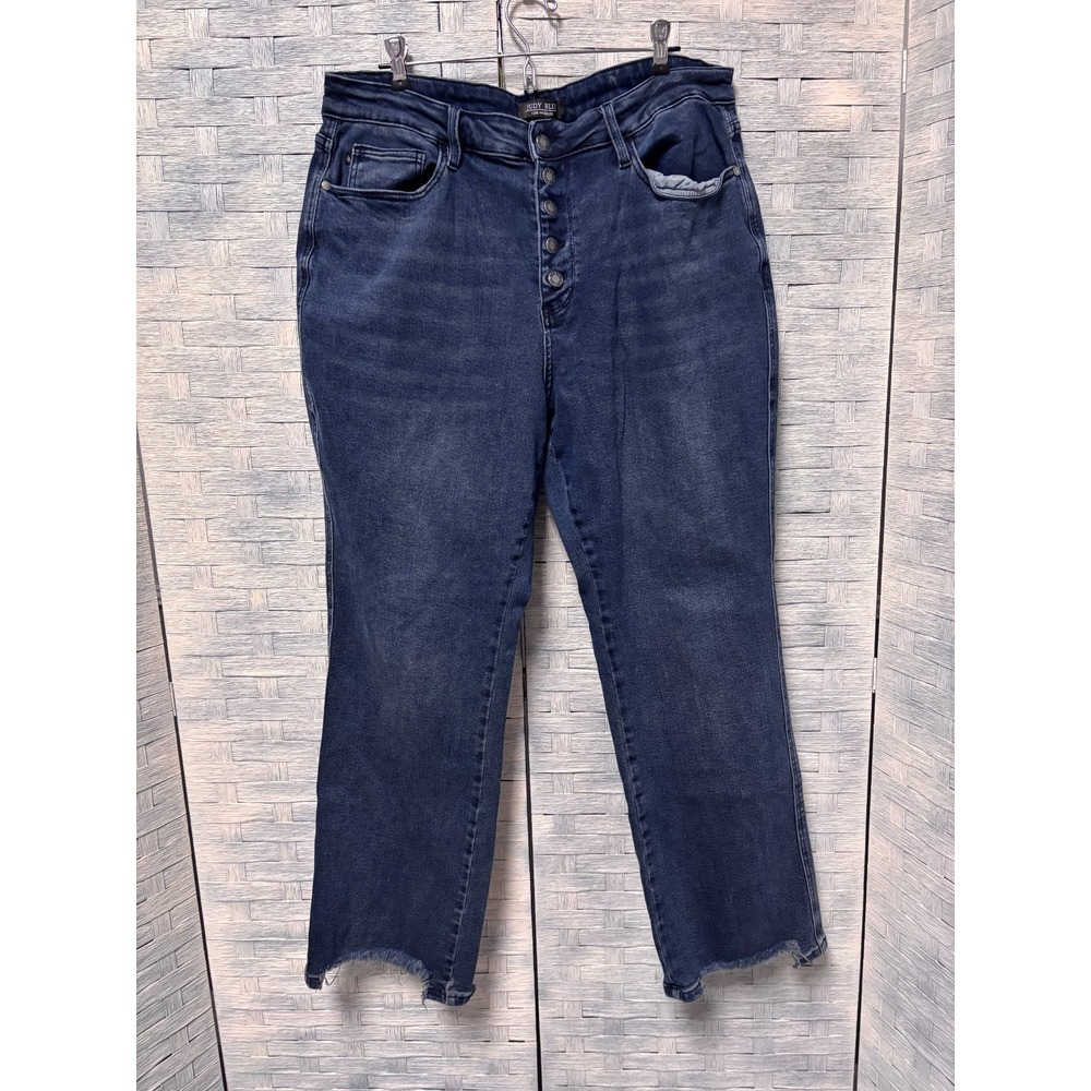 Judy Blue Womens 20W Straight Jeans Dark Wash Button Fly Raw Hem JB88912 DK Boho